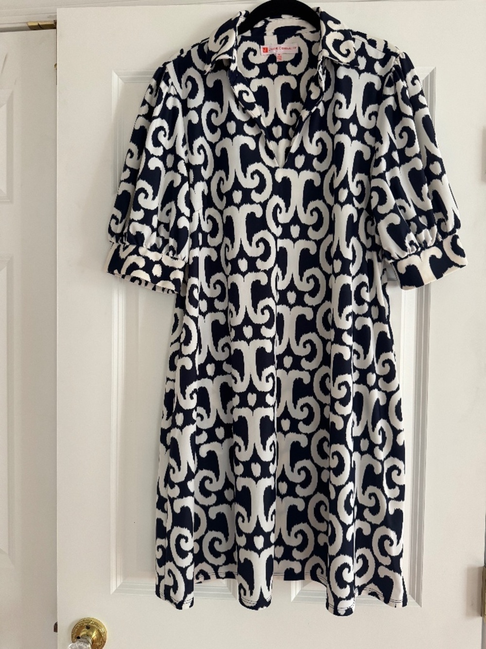 Jude Connally Emerson Dress Medium Ikat Navy White Pockets Made in USA
